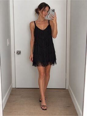 Mango Black Fringe Mini Dress